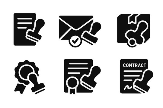 Stamp Icon Set. Solid, filled icon set of stamp usage: document stamping, mail stamping, approval marking, parcel stamping, official seal, certificate stamp,