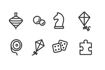 Traditional Toys Icons. Outline icon set of traditional games and toys: spinning top, marbles, chess piece, jump rope, yo-yo, kite, dice, puzzle piece. Line