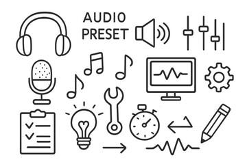 Fototapeta premium Audio Tools Doodle. Hand-drawn doodle illustration audio preset headphones, speaker, equalizer, sliders, microphone, music note, computer screen, settings