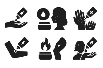 Healthcare Ointment Icons. Solid, filled icon set of ointment uses: wound healing, skin hydration, rash relief, pain relief, burn treatment, eczema care,