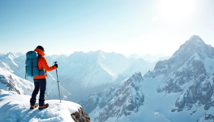 Man stands on snowy mountain peak with backpack and trekking poles. Climber explores winter landscape with snowy mountains. Person enjoys high altitude adventure in cold frosty weather.