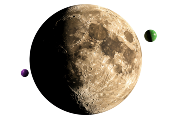 Detailed moon with craters and two planets isolated on transparent PNG, celestial body and space objects for astronomy and science