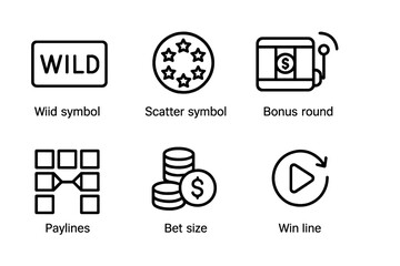 Slot Machine Icons. Outline icon set of slot machine features: wild symbol, scatter symbol, bonus round, free spins, paylines, bet size, win line, autoplay.