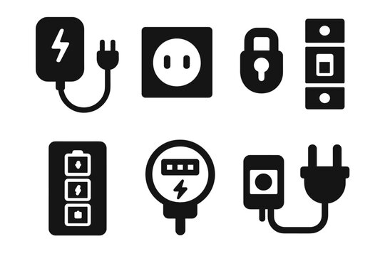 Home Charging Icons. Solid, filled icon set of home charging setup: wall charger, electric socket, cable organizer, timer switch, circuit breaker, battery