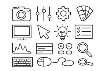 Creative Design Tools. Hand-drawn doodle illustration photo preset camera, sliders, gear, color palette, computer screen, cursor, light bulb, checklist,