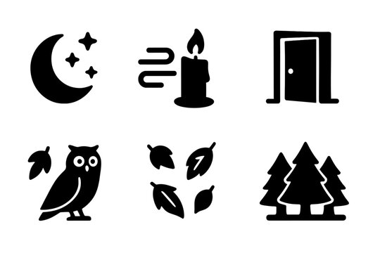 Kikimora Icon Set. Solid, filled icon set of kikimora atmospheric elements: moonlight, fog, flickering candle, creaky door, cold wind, owl, falling leaves,