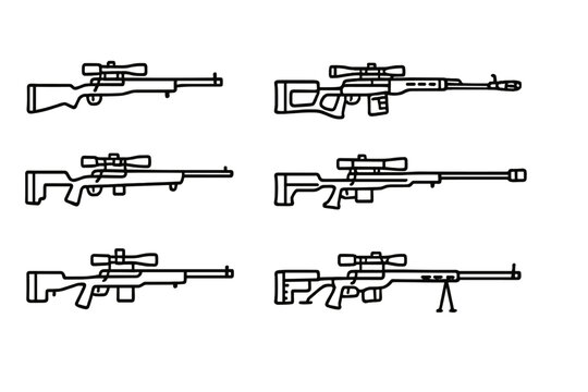 Historical Sniper Rifle Icons. Outline icon set of sniper rifle historical models: M24, Barrett M82, SVD Dragunov, L96, PSG-, M40, CheyTac M200, Accuracy