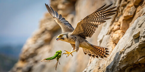 Obraz premium A falcon flies gracefully from a rocky cliff, clutching a green creature in its talons. The bird showcases its strength and agility against a scenic background during daylight