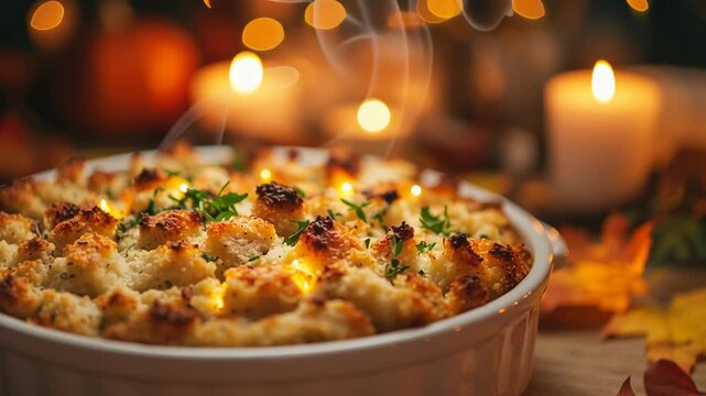 Freshly baked stuffing with golden crispy edges garnished with herbs on a wooden table surrounded by autumn leaves. Halloween