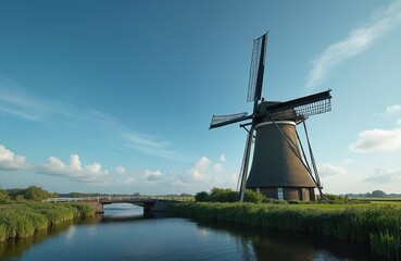 Traditional Dutch windmill stands near blue canal with bridge. Green grass lines water under vast clear sky with soft clouds. Rural landscape in summer.