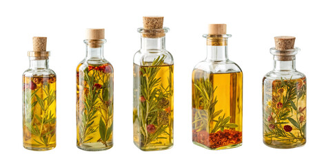 Collection of glass bottles filled with herbal oils isolated on transparent background