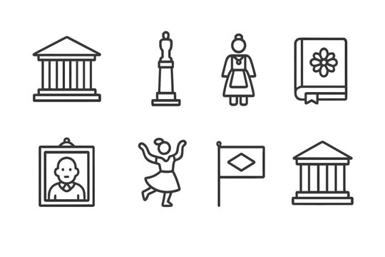 Cultural Heritage Icons. Outline icon set of cultural heritage: ancient temple, historical monument, traditional costume, folklore book, ancestral portrait,