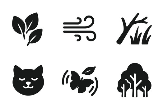 Nature Ambient Sound Icons. Solid, filled icon set of ambient nature sounds: rustling leaves, wind gusts, tree branches, moving grass, soft animal noises,