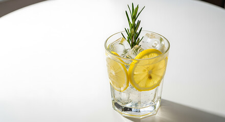 Fototapeta premium Invigorating citrus drink with rosemary garnish and ice, perfect for summer refreshment and healthy lifestyle promotions, offering a crisp, clean aesthetic for wellness campaigns