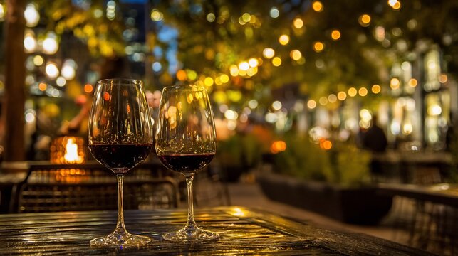 Two wine glasses, filled with red liquid, sit on a table. Soft lights and greenery in background - Powered by Adobe
