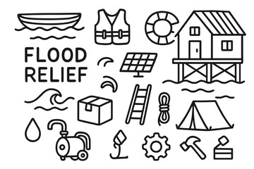 Fototapeta premium Flood Relief Supplies. Hand-drawn doodle illustration Flood relief modular homes house on stilts, boat, water wave, life vest, lifebuoy, solar panel, crate,