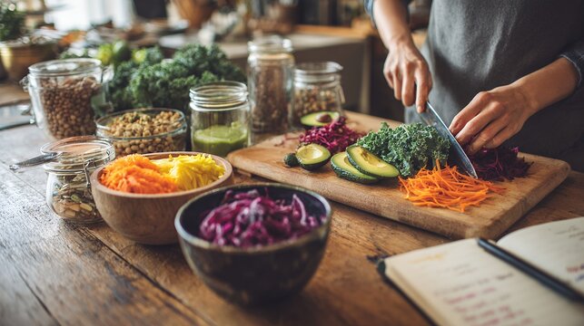 Close-up of hands chopping colorful, fresh vegetables (kale, cabbage, carrots, avocado) on a wooden cutting board for a healthy, home-cooked, plant-based meal.

