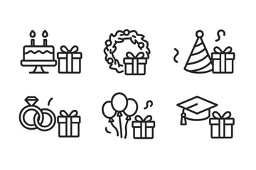 Fototapeta premium Gift Occasion Icons. Outline icon set of gift occasions: birthday cake with gift, holiday wreath with gift, party hat and gift, anniversary rings and gift,