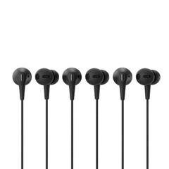 Six black earbuds lined up (Transparent Background PNG)