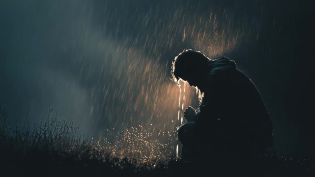 Person kneeling in rain reflecting on life during a quiet moment of solitude at night

