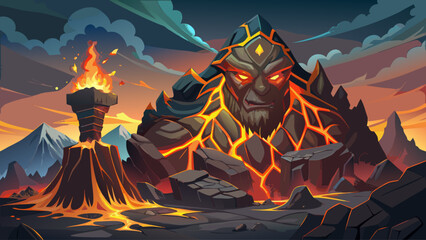 Volcanic mountain giant with molten cracks glowing, basalt skin shaped by Norse knotwork, flaming eyes burning, hammer-scarred shoulder, smoke plumes rising, cinematic vector illustration, dramatic 