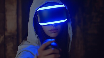 A DSLR shot of a woman hand using a virtual reality headset controller, her fingers gripping the sleek device, with the soft glow of the VR screen reflecting in the background