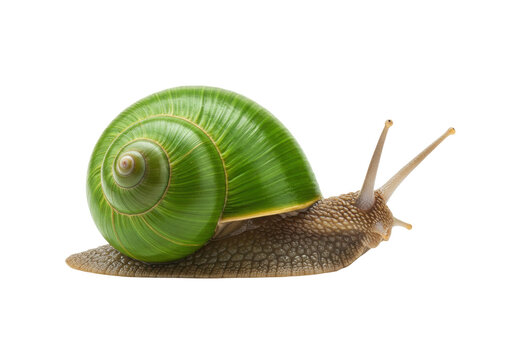 Green snail isolated on transparent background, shell with spiral pattern and long antennae, mollusk with textured skin