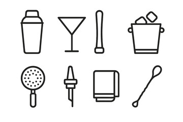 Bartending Tools Icons. Outline icon set of bartending tools: shaker tin, cocktail glass, muddler, ice bucket, strainer, pouring spout, bar towel, mixing