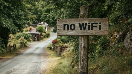 Obraz premium Rustic wooden sign indicating no wifi in a rural countryside setting.