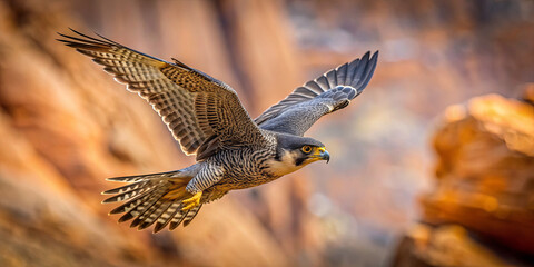 Fototapeta premium A peregrine falcon glides gracefully over vibrant red rock formations in a desert setting. The scene captures the beauty of nature at golden hour, showcasing the bird's powerful wings in flight