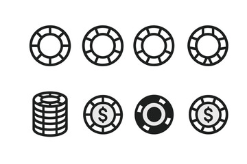 Casino Chip Icons. Outline icon set of casino chips: red chip, blue chip, green chip, white chip, black chip, gold chip, chip stack, chip with dollar sign.