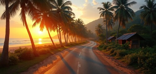 Tropical beach road at sunrise. Palm trees line the coast next to a winding path. Small huts sit amongst rich green plants near the sea. Golden hour sunlight reflects on the ocean waves.