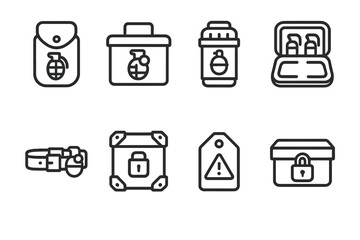 Grenade Storage Icons. Outline icon set of grenade storage and transport: carrying pouch, ammo box, safety container, padded case, tactical belt, secure box,
