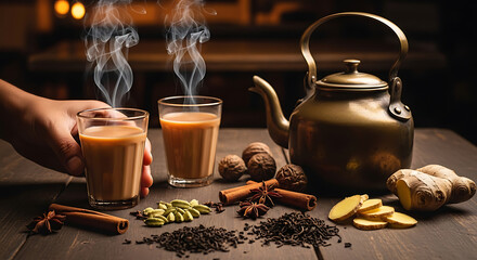 Enjoying a comforting cup of steaming masala chai with aromatic spices and ginger alongside a vintage kettle, perfect for cozy mornings or relaxing afternoons filled with rich flavors