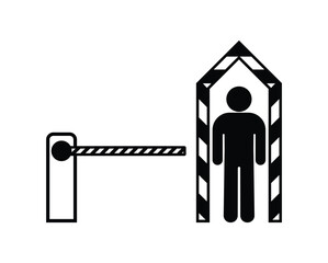 Vector icon of security checkpoint with barrier and guard booth. Silhouette person inside control post, border crossing or restricted access zone illustration.