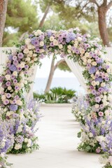 Elegant wedding backdrop featuring a circular floral arrangement with soft pastel roses and lavender blooms, creating a romantic atmosphere for ceremonies and celebrations