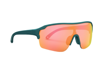 Green sports sunglasses with orange lenses isolated on transparent background, eyewear for cycling and running PNG