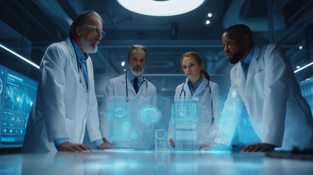 Team of doctors discussing scientific data, modern high tech lab, holographic screens displaying medical research, premium cinematic scene