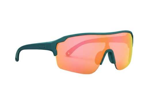 Green sports sunglasses with orange lenses isolated on transparent background, eyewear for cycling and running PNG