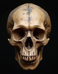 Obraz premium Detailed Australopithecus africanus skull fossil reconstruction on black background. Ancient hominid ape skull bone. Prehistoric human ancestor discovery. Paleo anthropology history shows primate