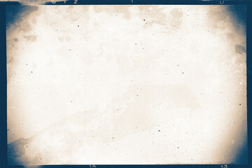 Vintage sepia-cyan wet plate photo template with film frame, dusts and scratches and strong lens...