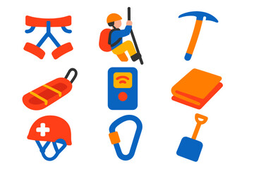 Mountain Rescue Icons. Flat vector icons of mountain rescue: rope harness, climber, ice axe, rescue sled, avalanche beacon,