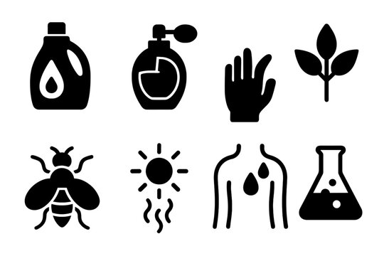 Irritation Triggers. Solid, filled icon set of irritation triggers: harsh detergent, perfume, latex, poison ivy, insect sting, heat, sweat, chemicals. Line