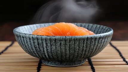 A DSLR close-up of a simple ceramic bowl with a small serving of soup inside, with steam gently rising and the texture of the bowl