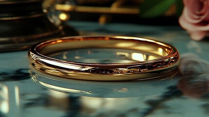 A DSLR close-up of a delicate gold ring resting on a marble surface, with soft shadows creating a smooth, clean aesthetic that emphasizes the ring