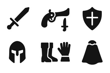 Duel Equipment Icons. Solid, filled icon set of duel equipment: sword, pistol, dagger, shield, helmet, boots, gloves, cloak. Solid, filled icons in only black