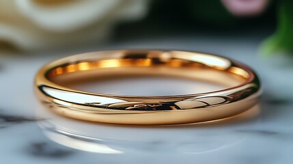 A DSLR close-up of a delicate gold ring resting on a marble surface, with soft shadows creating a smooth, clean aesthetic that emphasizes the ring