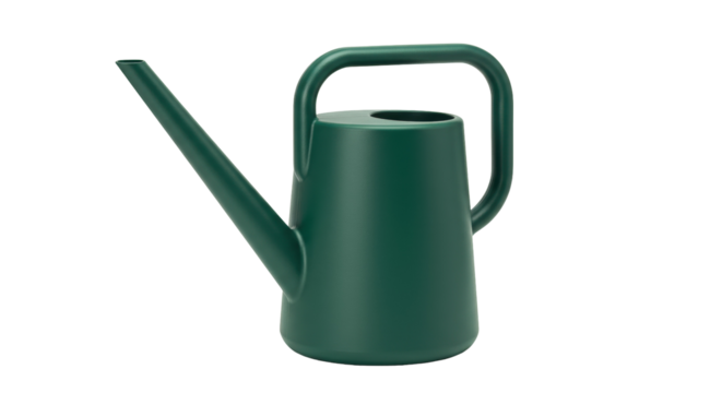 Green watering can isolated on transparent background, gardening tool for watering plants and flowers, plastic container for garden work
