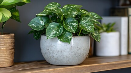 A DSLR close-up of a single potted plant with vibrant green leaves, sitting on a minimalist wooden shelf, with natural light gently highlighting the planta??s details