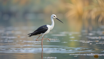 Fototapeta premium A black-winged stilt stands on one leg in shallow water, creating ripples. Soft sunlight highlights the serene landscape, enriching the morning scene with peaceful beauty